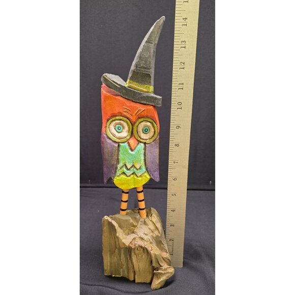 Primitive Folk Art Whimsy Creations Owl w Witches Hat Halloween Carving Figurine - Picture 7 of 9